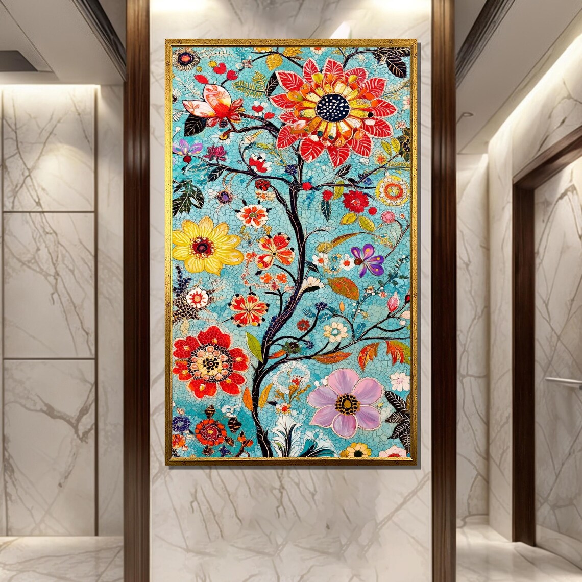 Colorful Floral Tree of Life Mosaic Painting on Turquoise Art Poster