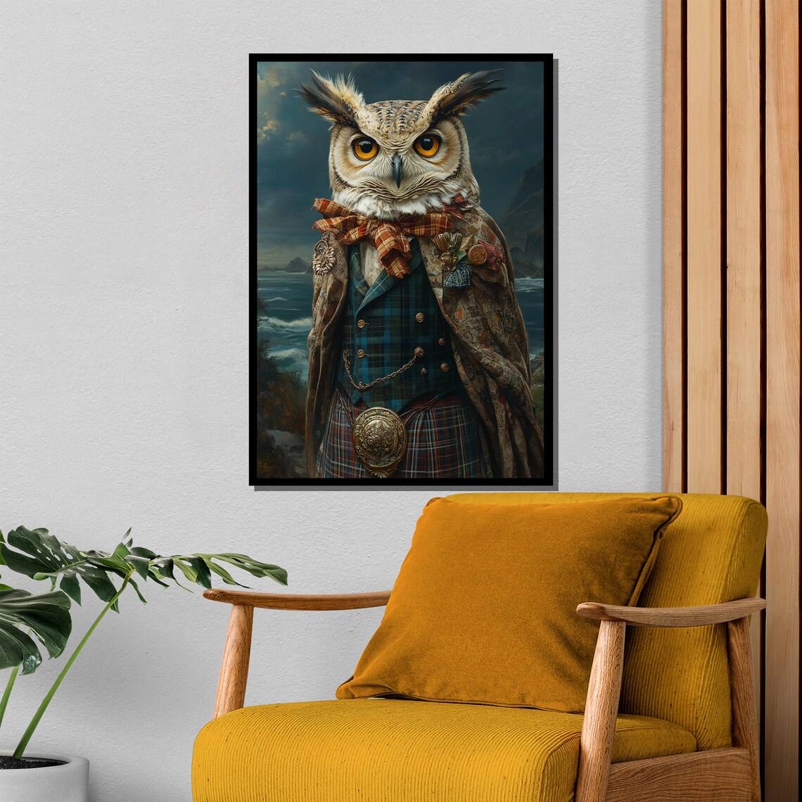 Scottish Owl in Tartan Kilt by the Coastline Portrait Poster - Image 4