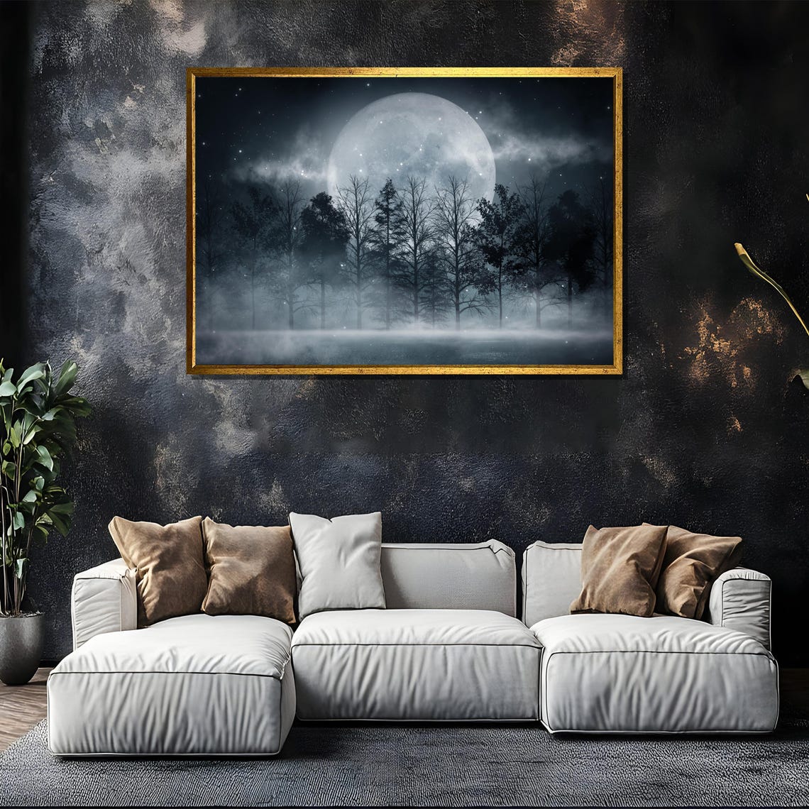 Full Moon Rising Over Misty Night Forest Eerie Landscape Poster - Image 5