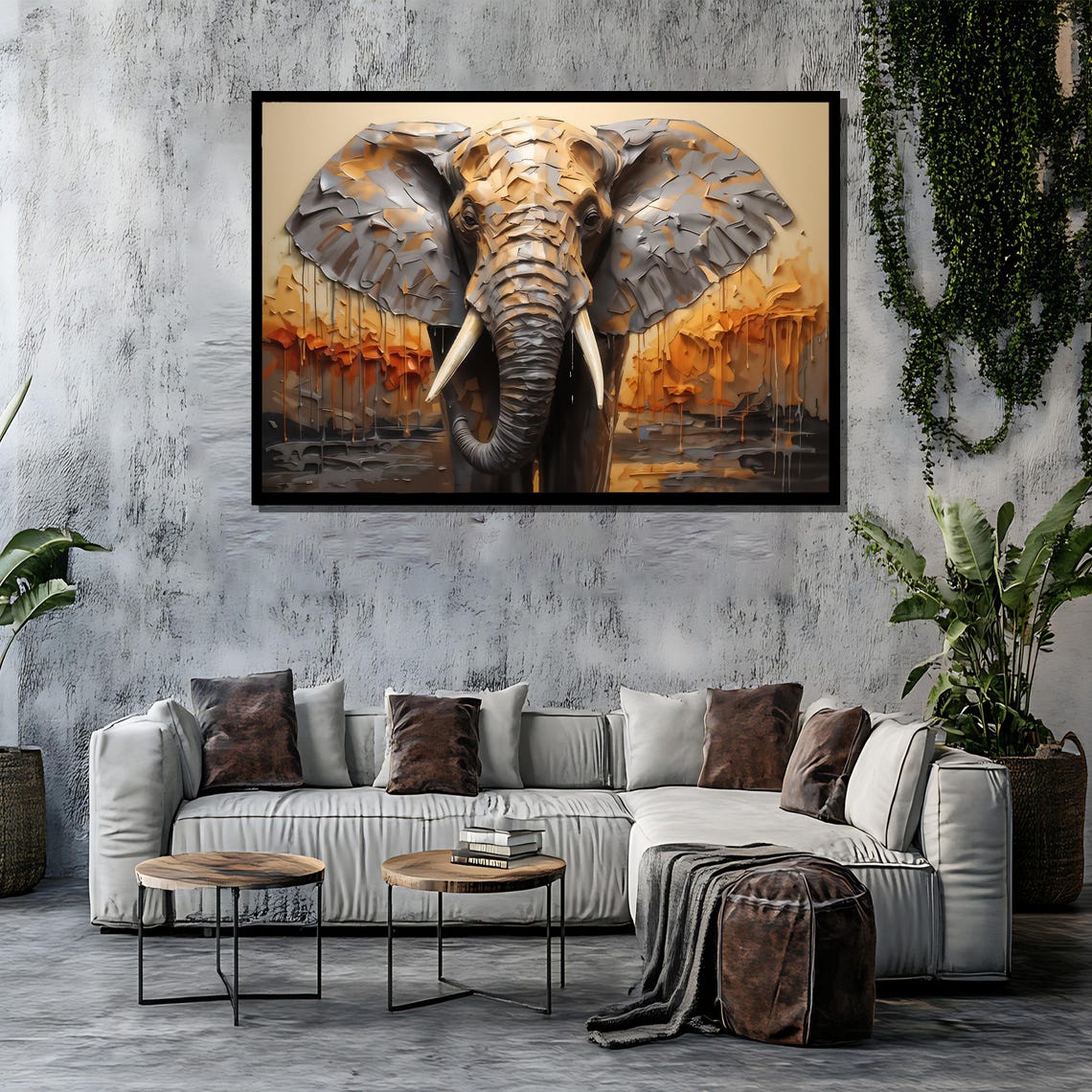 Textured Golden Elephant Head Mosaic Style Safari Artwork Poster - Image 4