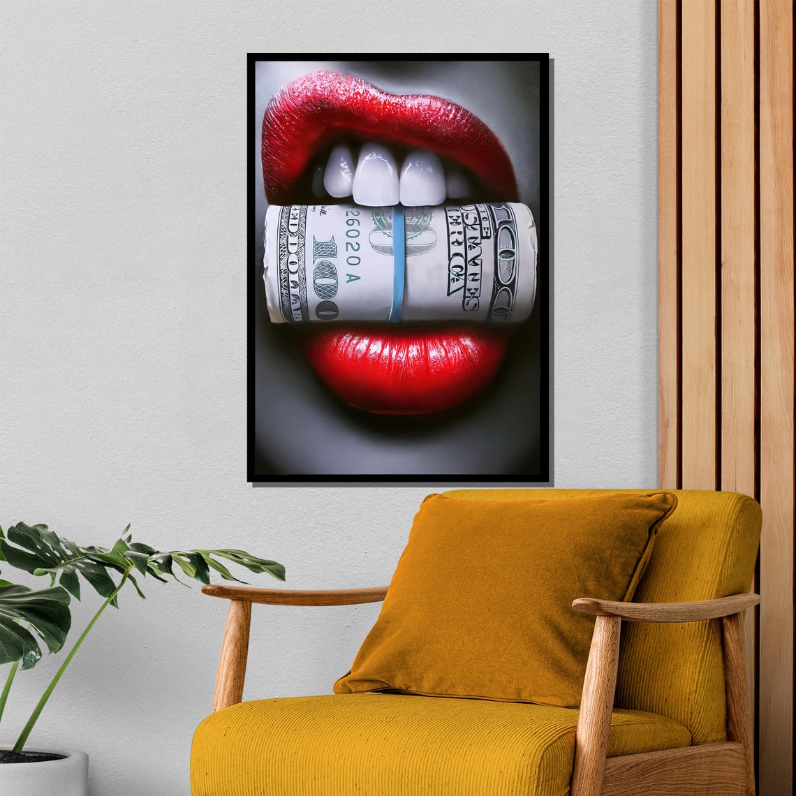 Bold Red Lips Biting Money Roll Provocative Luxury Art Poster - Image 4