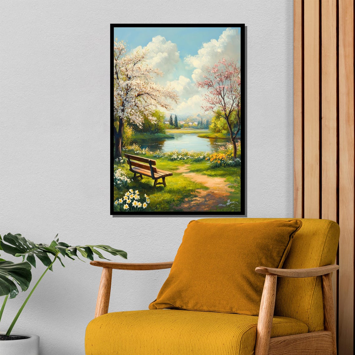 Serene Spring Landscape Painting With Blossoming Trees And Park Bench Peaceful Lakeside Scenery Wall Art For Home Decor Gift - Image 4
