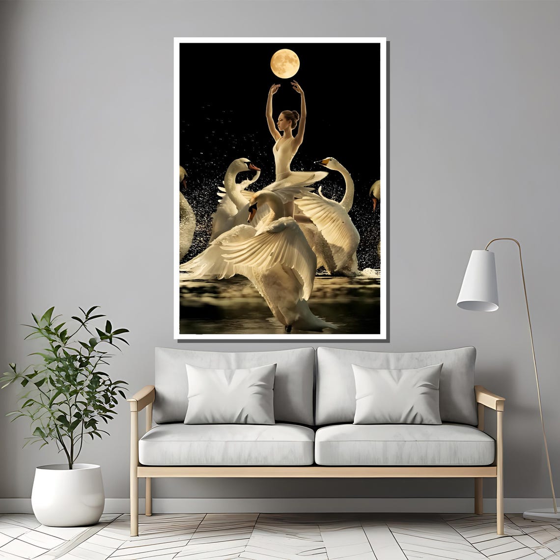 Ballerina Dancing with White Swans Under Full Moon Night Art Poster - Image 2