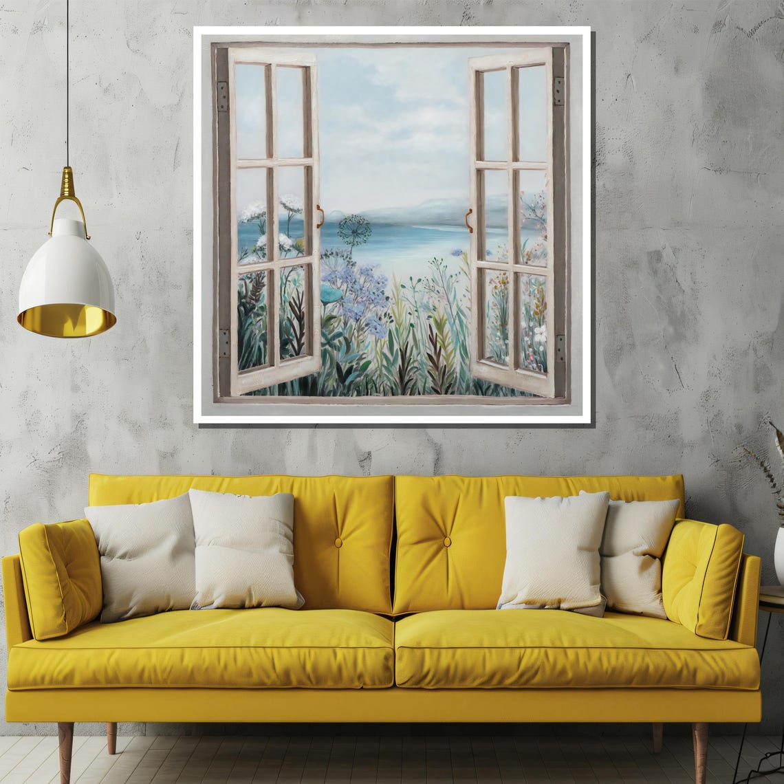 Open Window Lake Garden Wildflowers Serene View Landscape Poster - Image 2