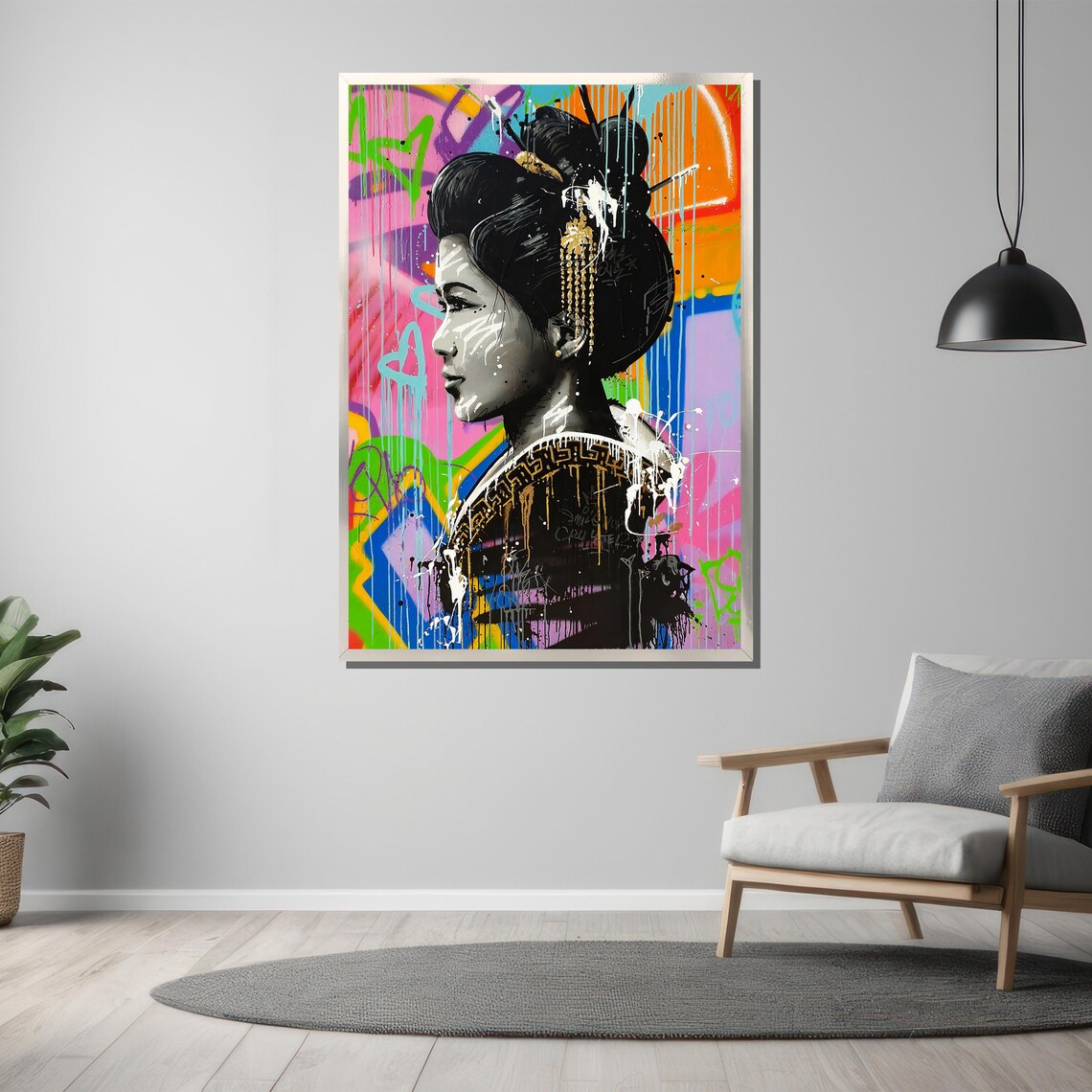 Geisha Portrait Black White Face On Colorful Graffiti Poster - Image 3
