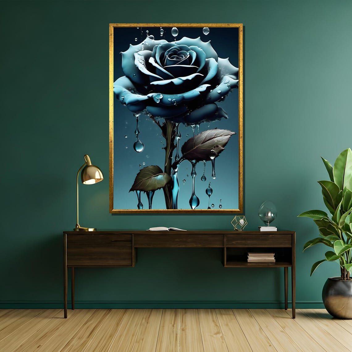 Surreal Dark Blue Rose With Dripping Water Droplets Art Poster - Image 5