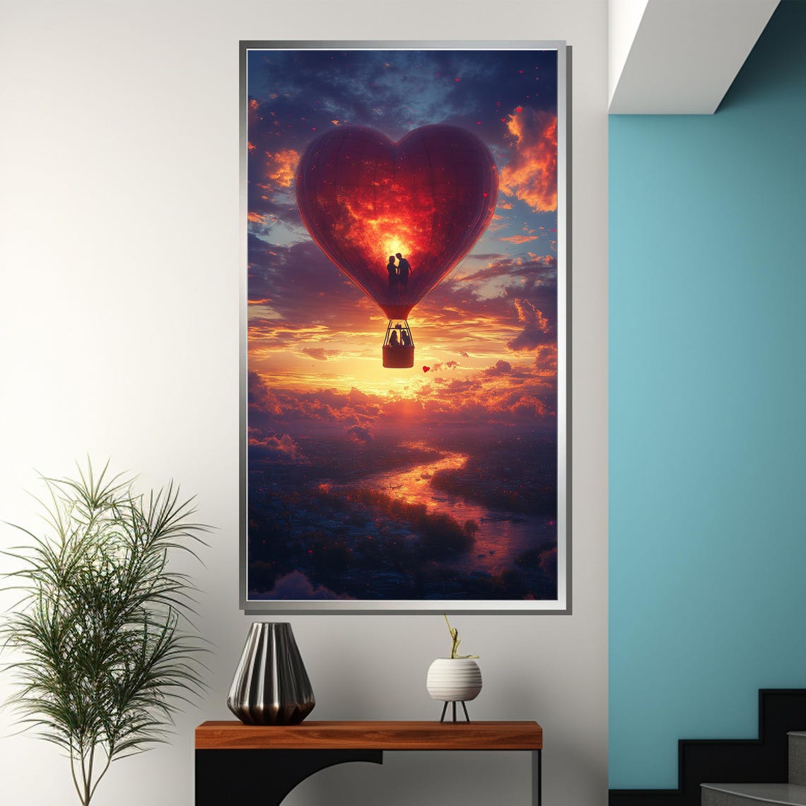 Heart Shaped Hot Air Balloon Glowing Sunset Over the River Poster - Image 3