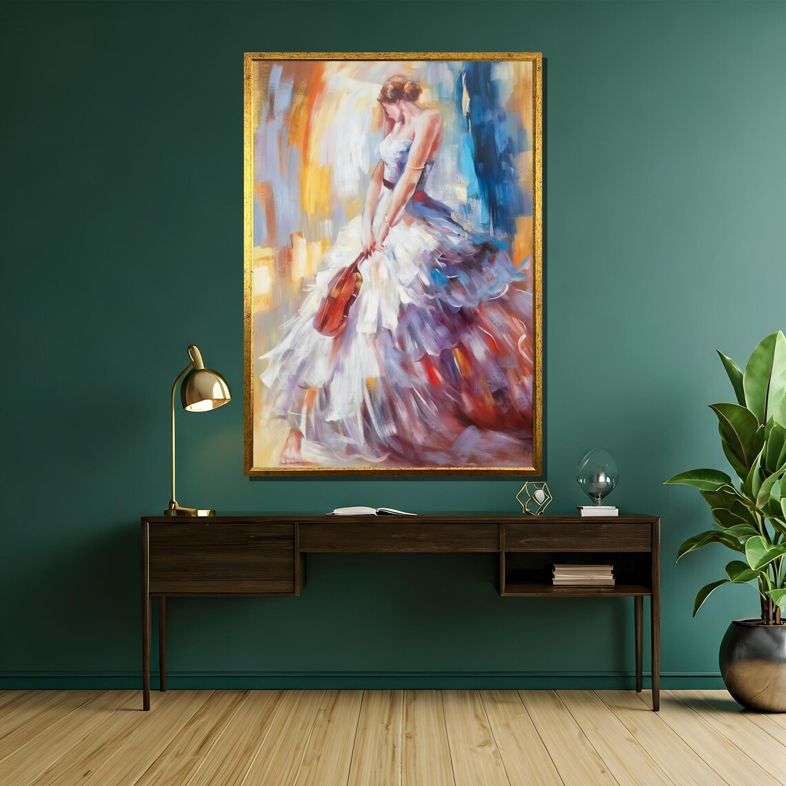 Woman in Flowing White Dress Holding Violin Colorful Music Art Poster - Image 5