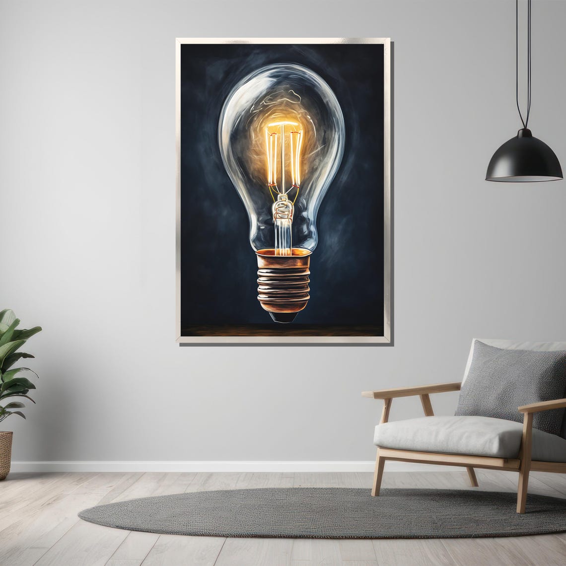 Glowing Vintage Edison Light Bulb on Dark Background Oil Poster - Image 3