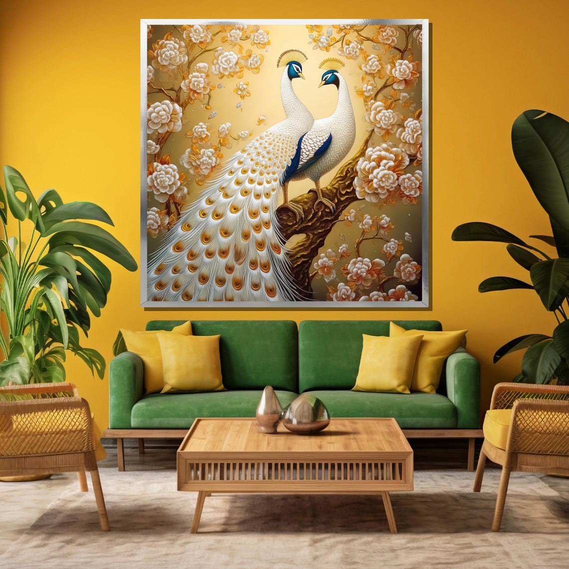 Pair Of White Peacocks Among Golden Blossoms And Branches Poster - Image 3