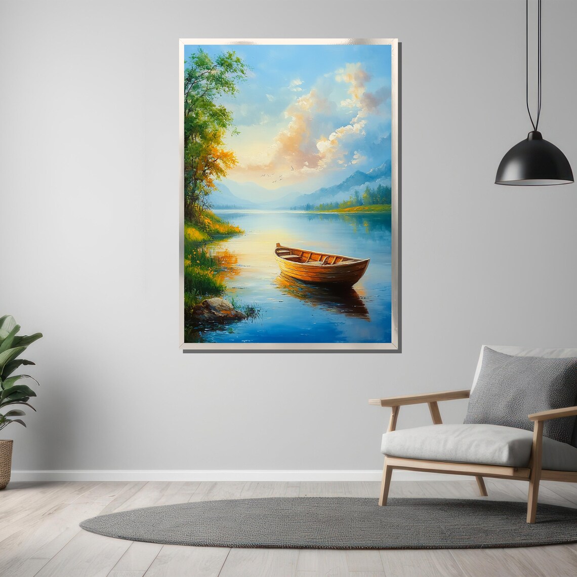 Wooden Rowboat on Calm Sunrise Lake Tranquil Landscape Painting Poster - Image 3