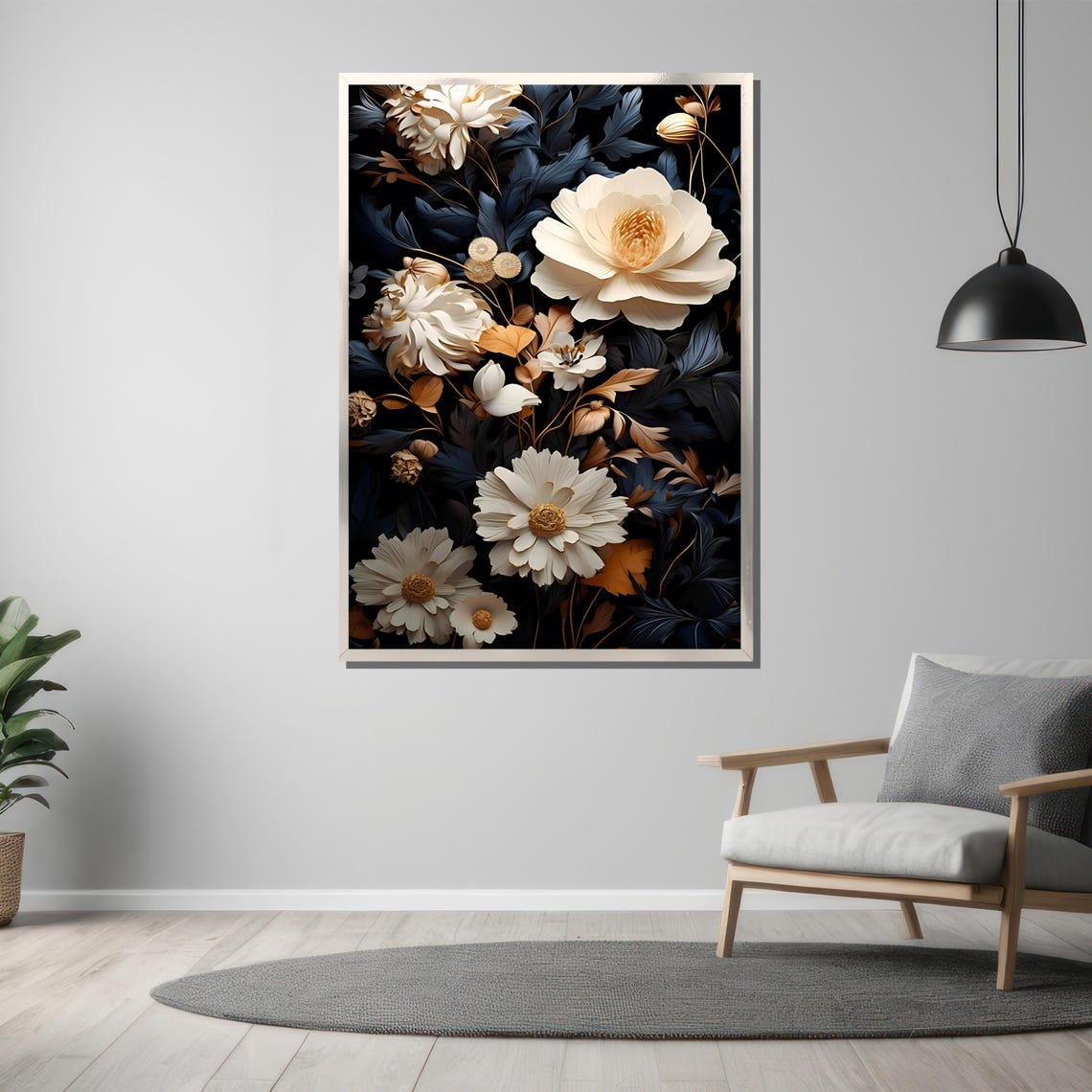 Cream Flowers with Navy Foliage on a Black Background Poster - Image 3