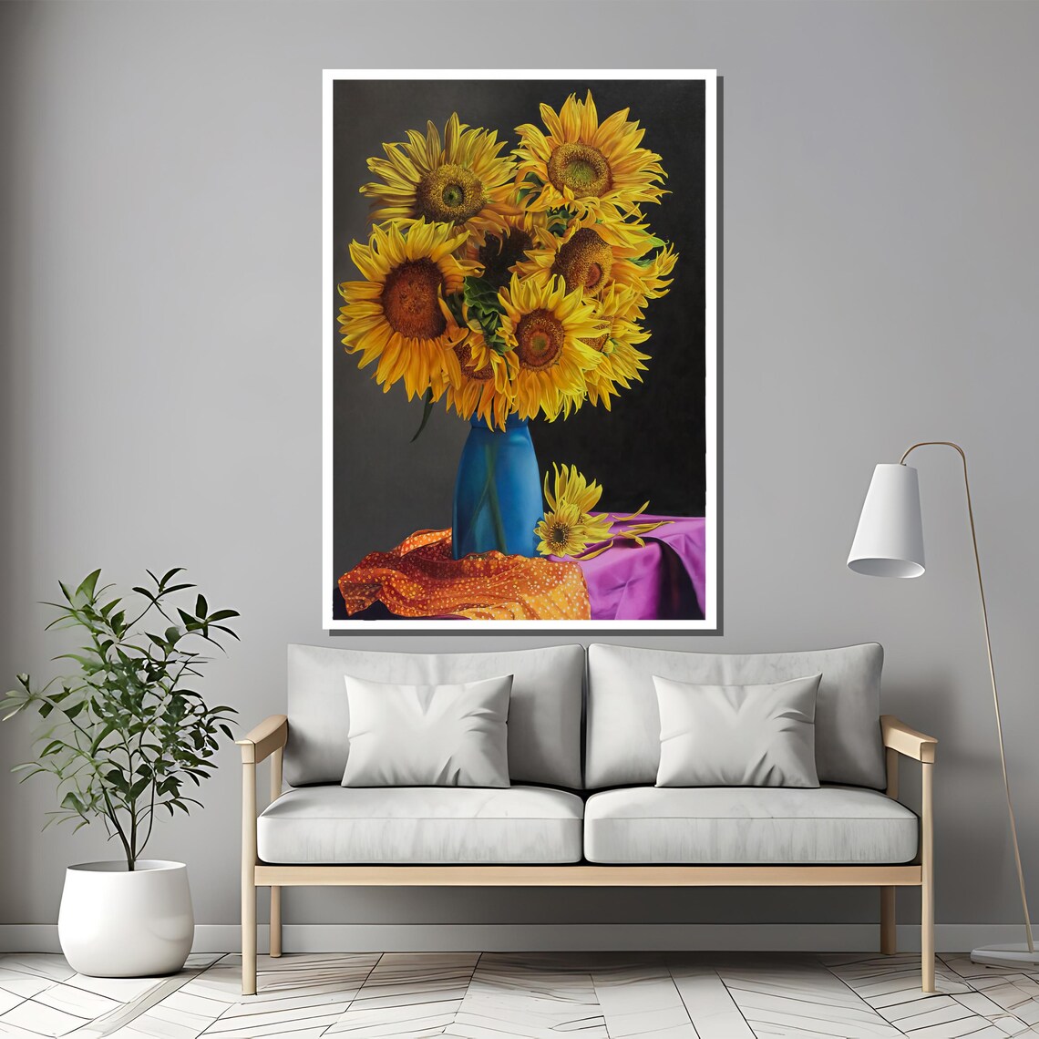 Sunflower Bouquet in a Blue Vase Classic Still Life Painting Poster - Image 2