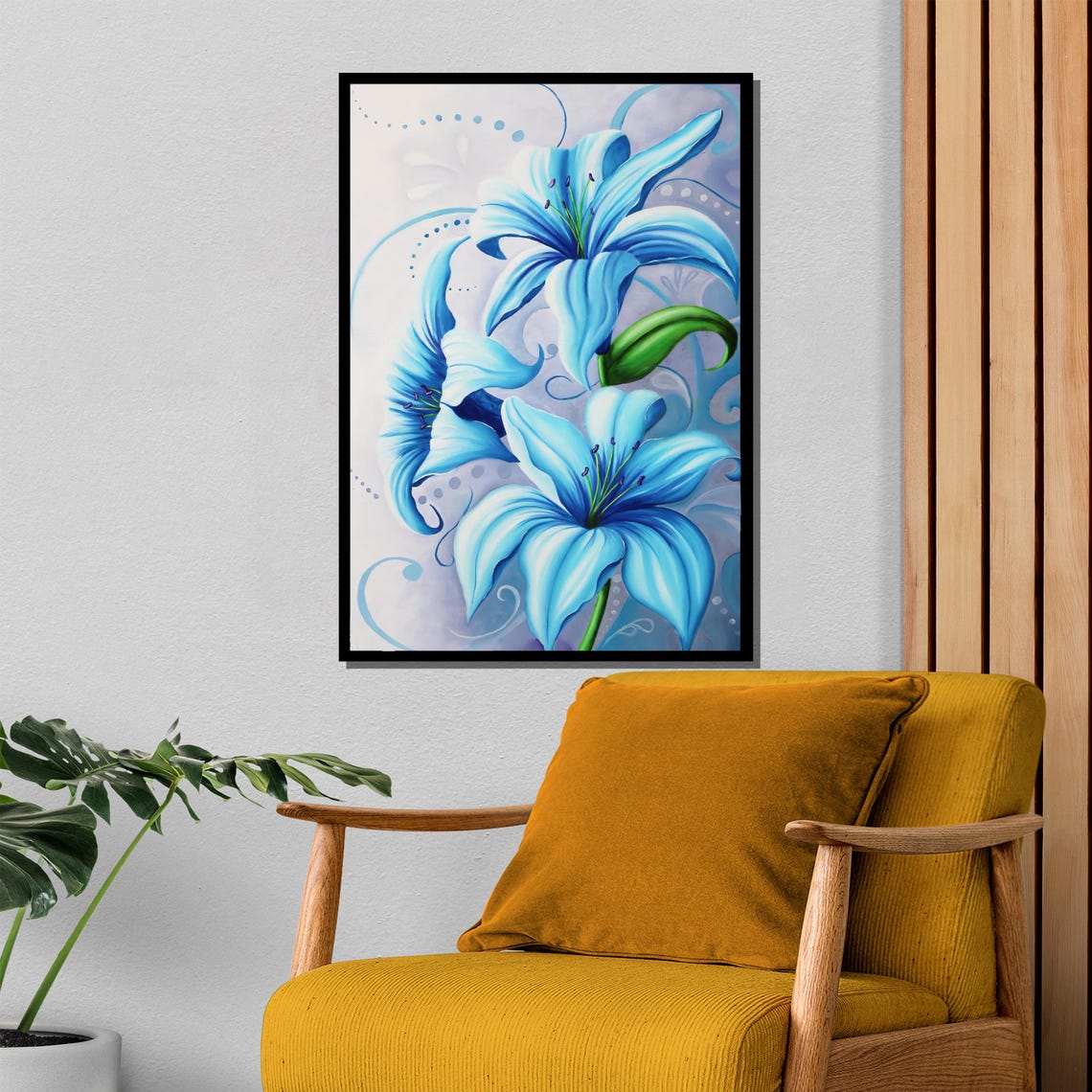 Elegant Blue Lily Stylized Floral Swirl Light Blue Art Poster - Image 4