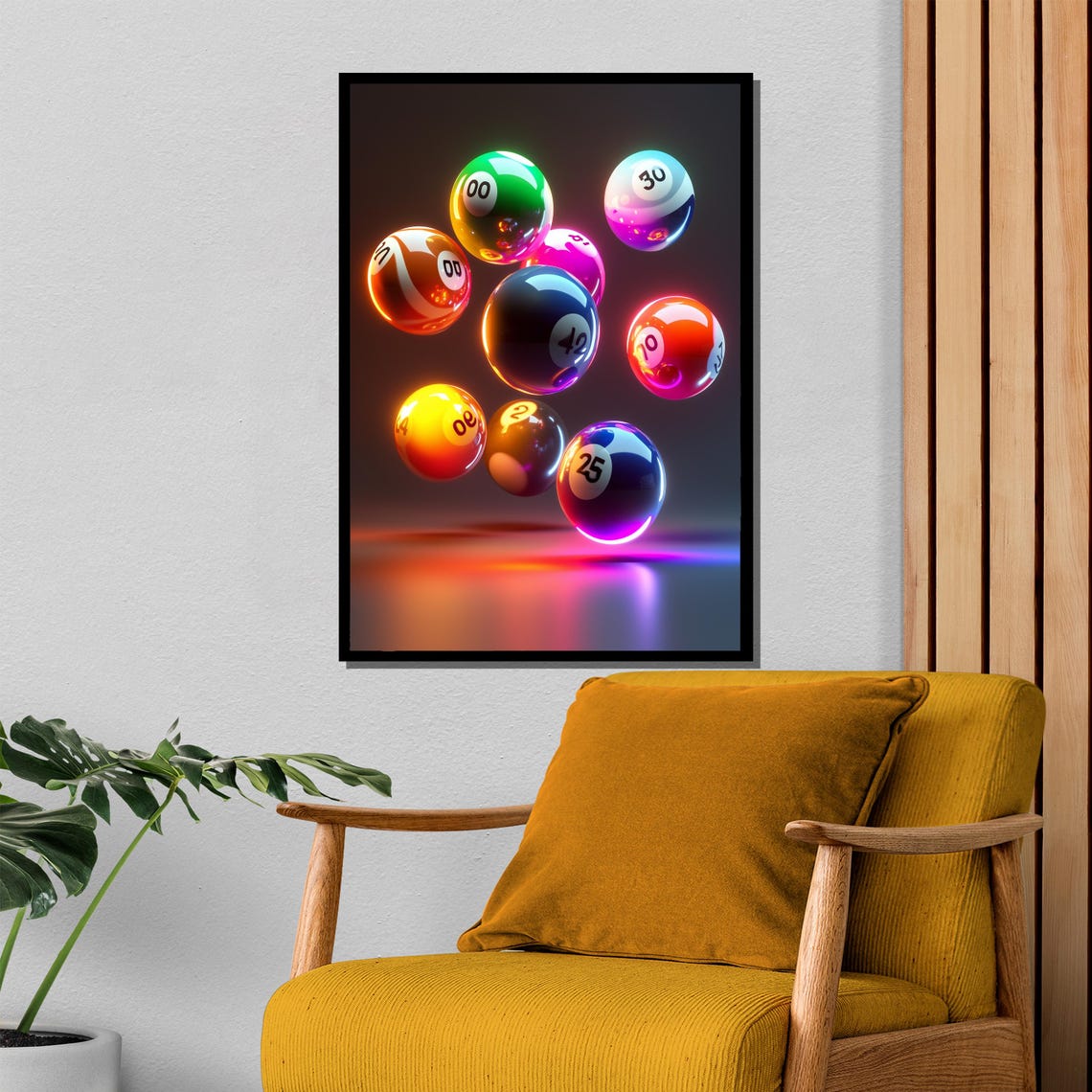 Neon Billiard Balls Glowing in Dark Futuristic 3D Art Poster - Image 4