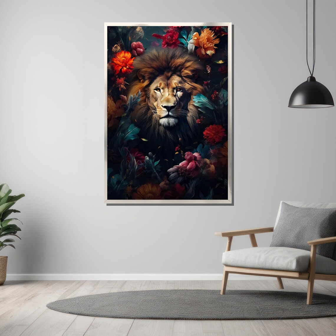 Regal Lion Emerging From A Dark Vibrant Floral Jungle Poster - Image 3