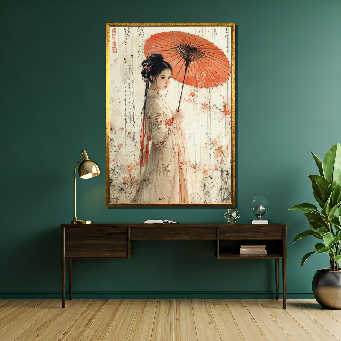 Graceful Asian Woman With Red Parasol Delicate Ink Floral Art Poster - Image 5