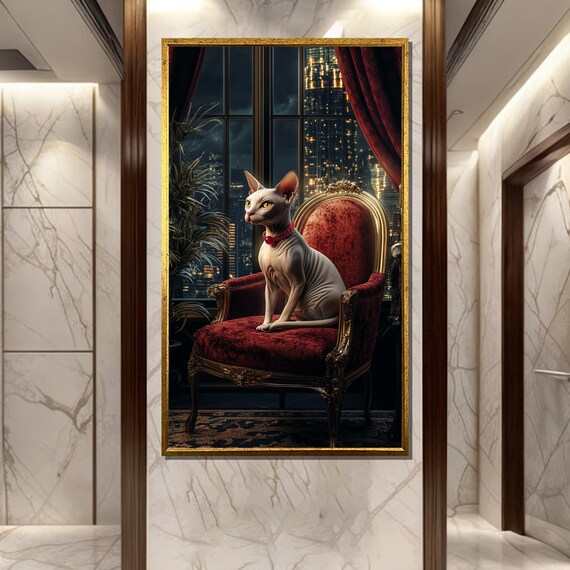 Luxury Sphynx Cat Painting Elegant Gothic Noir Wall Art Regal Pet Portrait Dark Academia Home Decor Unique Gift For Cat Lovers