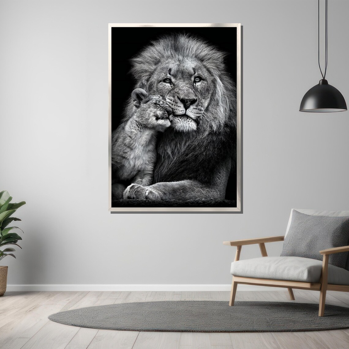 Lion and Cub Nuzzle Tender Black and White Wildlife Art Poster - Image 3