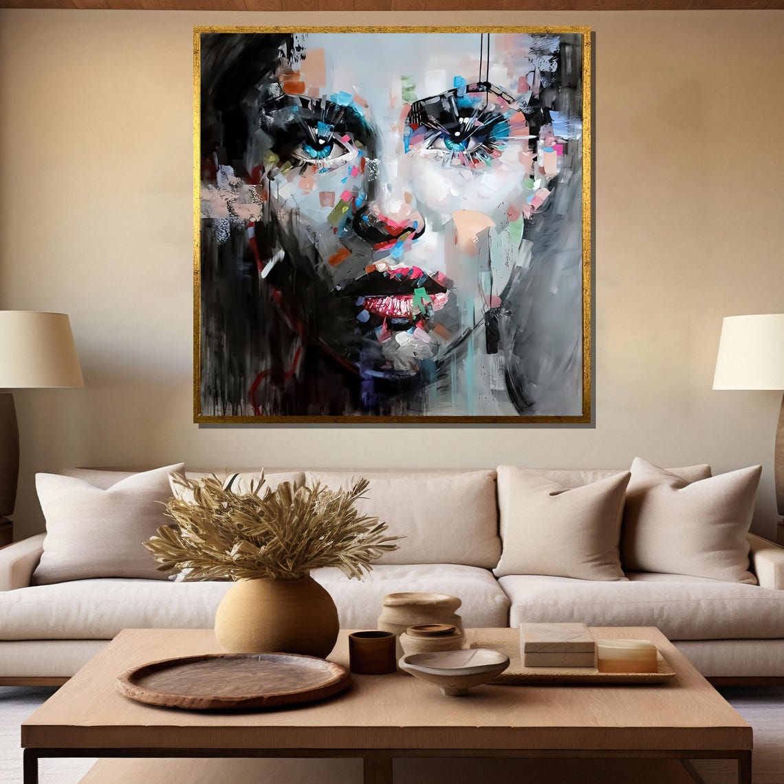 Fragmented Abstract Woman Face in Blue and Red Impasto Poster - Image 5