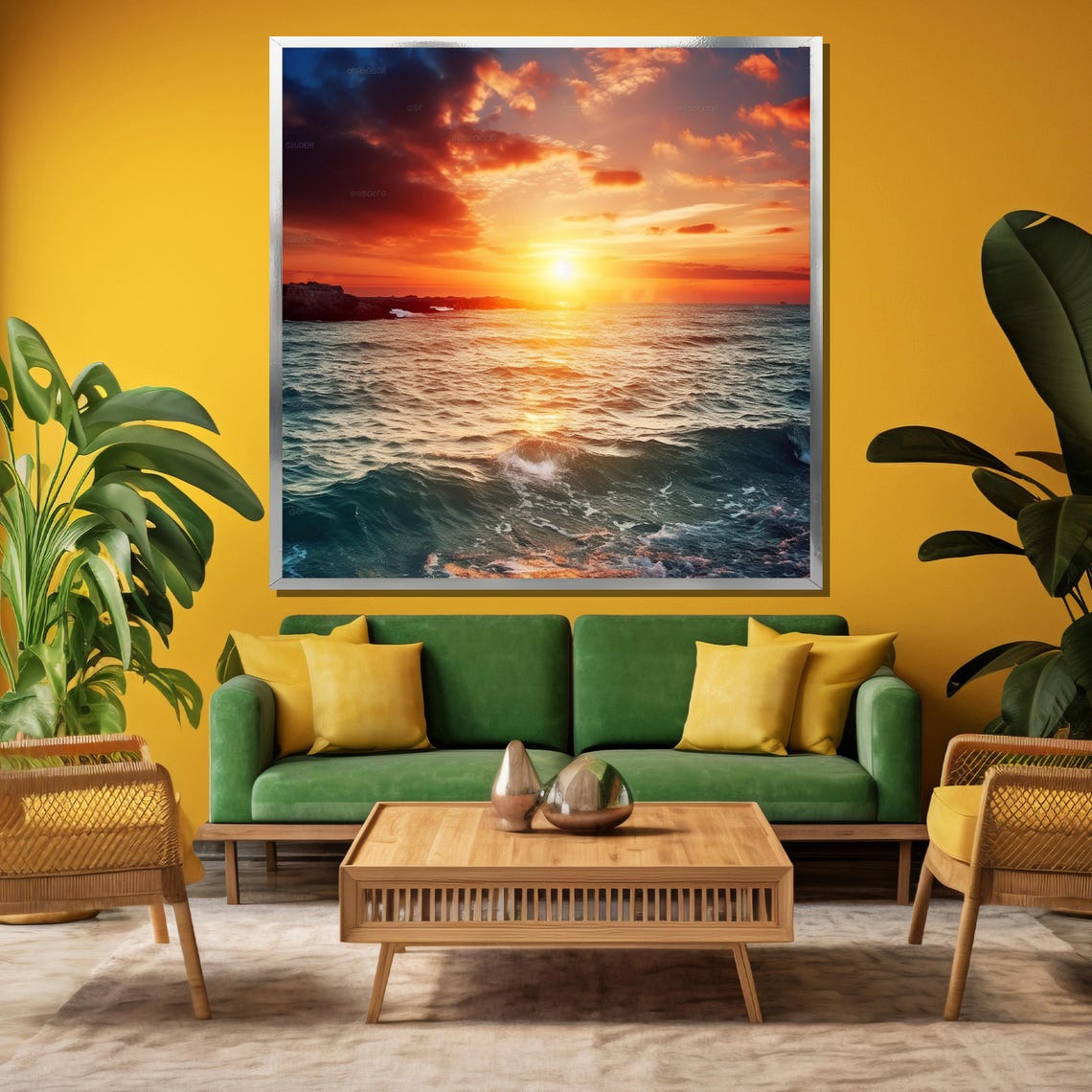 Fiery Ocean Sunset Golden Clouds Wave Seascape Painting Poster - Image 3