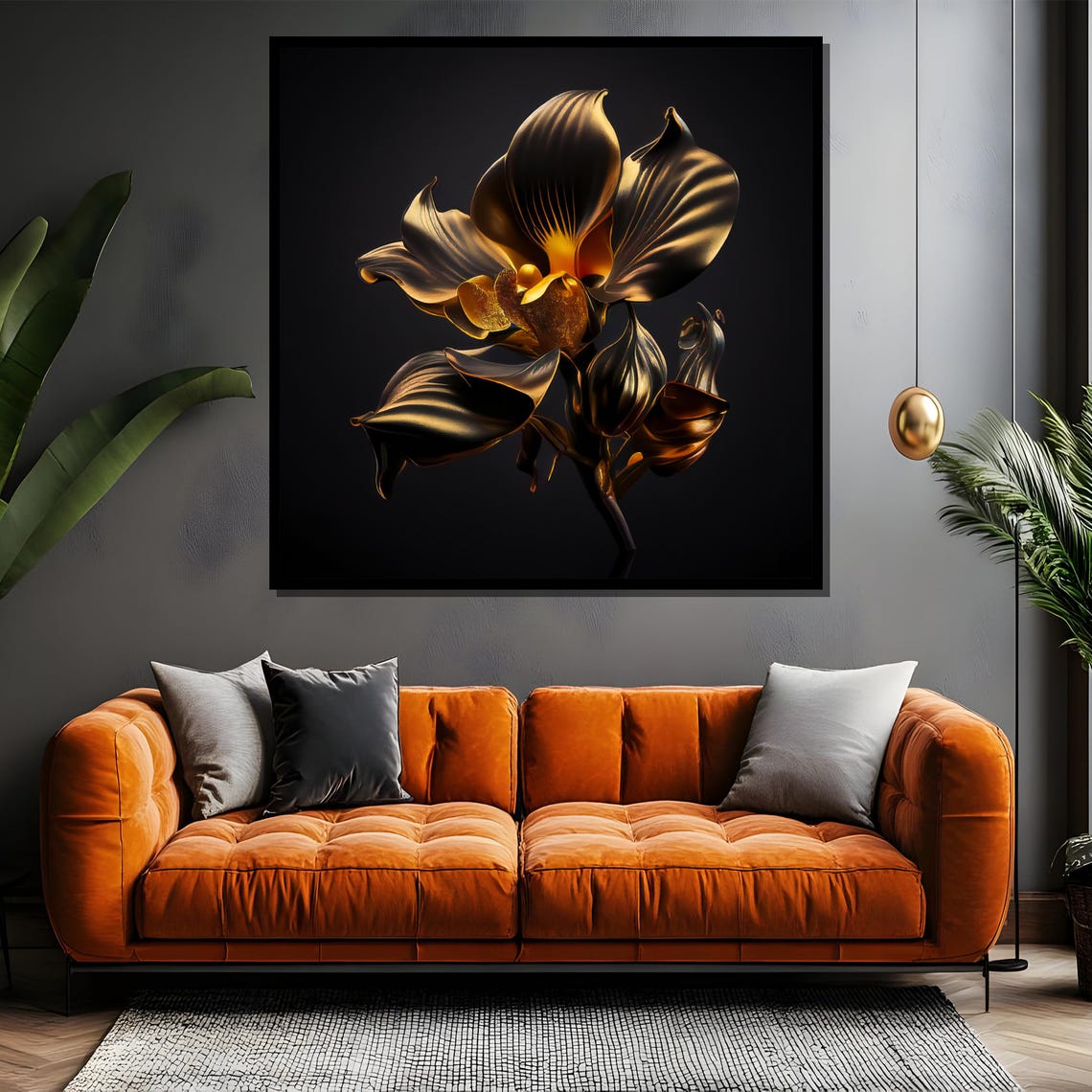 Metallic Gold Orchid Bloom on a Black Luxury Botanical Poster - Image 4