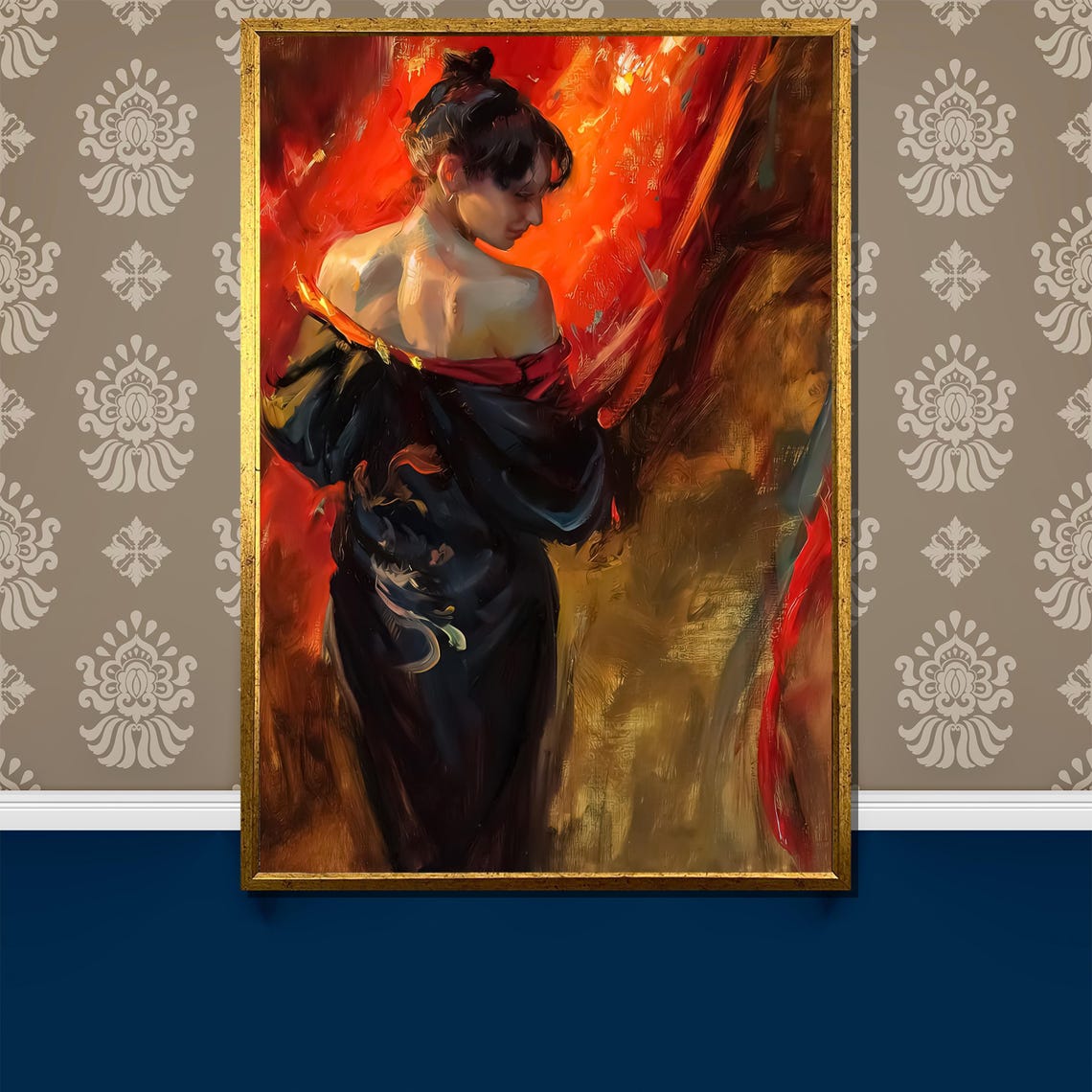 Woman In Red Gown Against Crimson Drapery Classic Art Poster