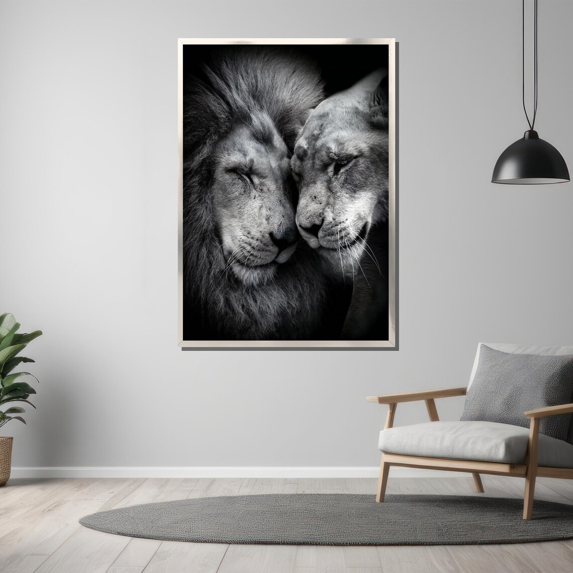 Lion Couple Nuzzling Tenderly In Intimate Monochrome Portrait Poster - Image 3