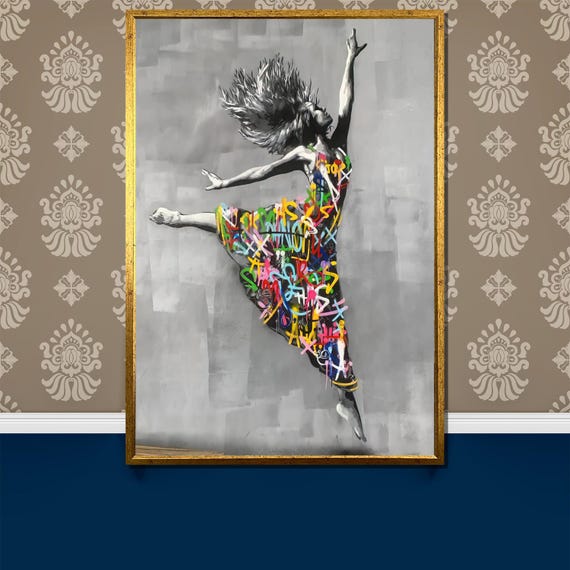 Dancer In Graffiti Dress Painting Vibrant Urban Art Gift For Dance Lovers And Unique Home Decor Enthusiasts