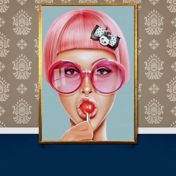 Bold Pop Art Woman With Pink Hair And Sunglasses Painting Unique Wall Art Gift For Modern Art Lovers