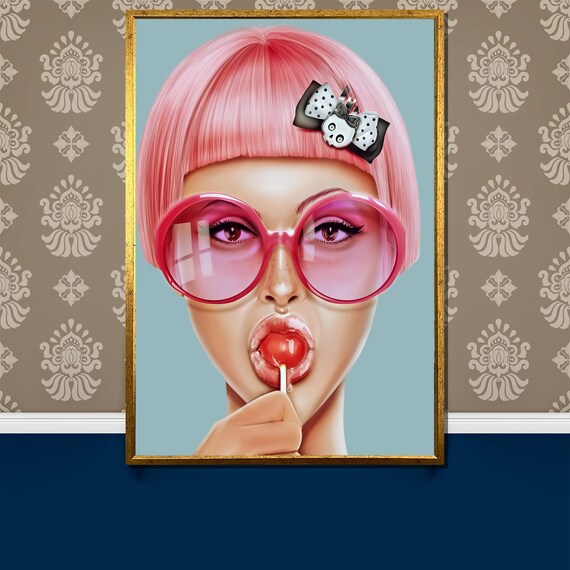 Pink Bob Wig Sunglasses Lollipop Bow Pop Art Girl Fun Poster