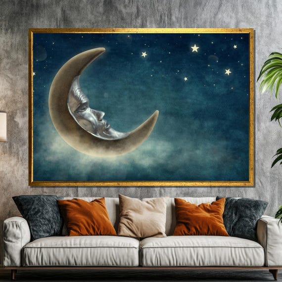 Mystical Crescent Moon Painting Surreal Celestial Art Gift With Moon Face And Stars For Dreamy Wall Decor And Night Sky Lovers