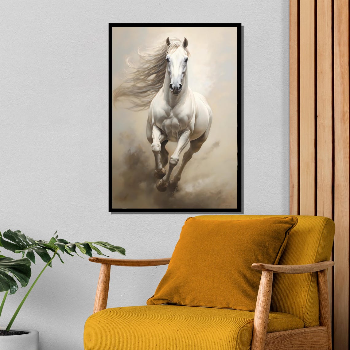 Graceful White Horse Galloping With Flowing Mane In Mist Poster - Image 4