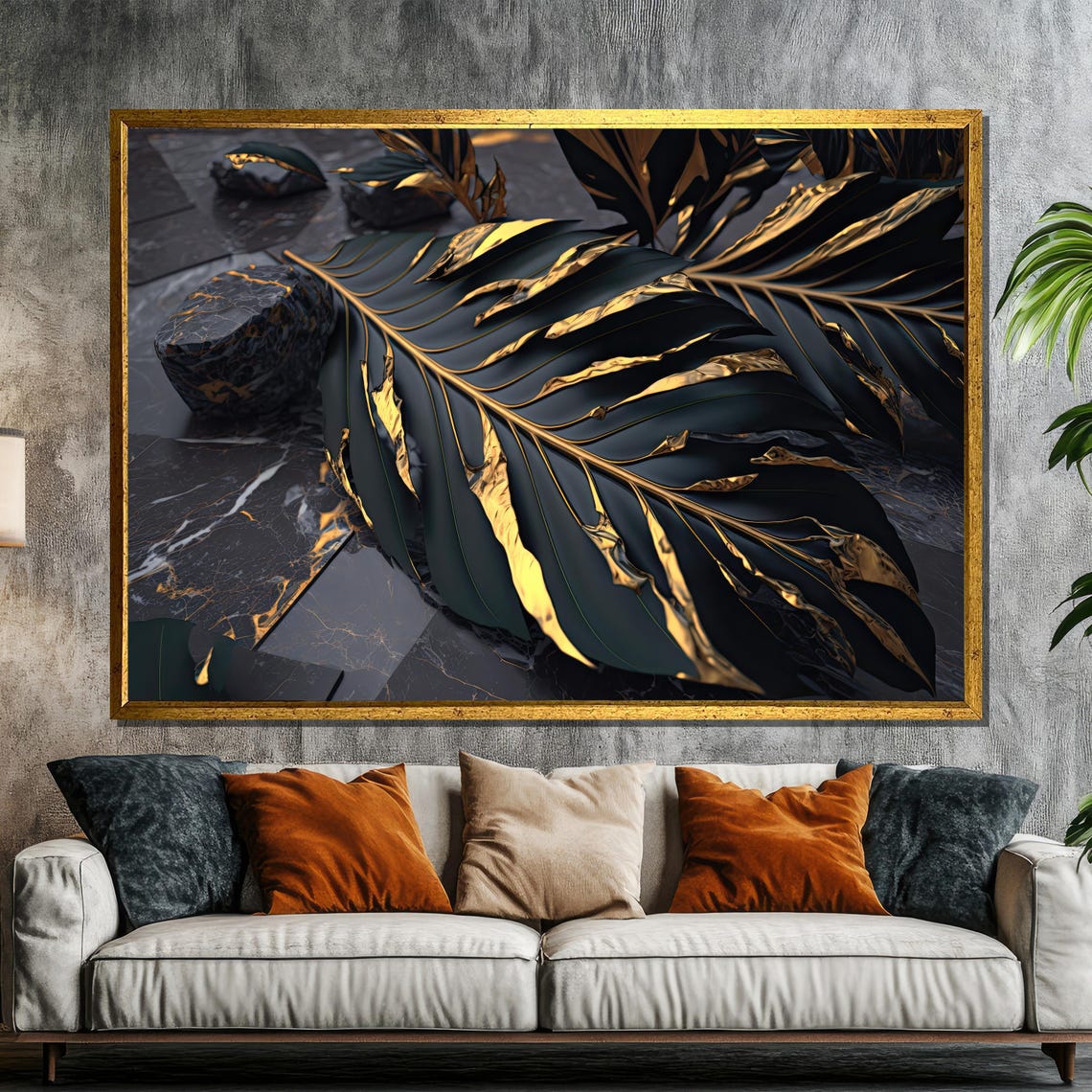 Black And Gold Tropical Leaf On Dark Marble Luxury Art Poster