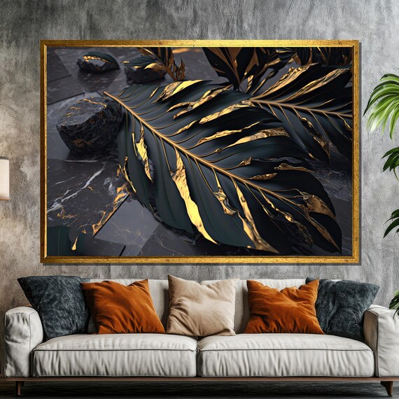 Black And Gold Tropical Leaves On Marble Decorative Painting Modern Botanical Wall Art And Luxury Gift Option For Home Decor
