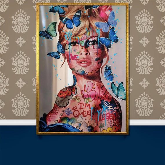 Butterfly Graffiti Woman Painting Vibrant Pop Art Portrait Wall Decor Unique Artistic Gift For Modern Home Decor Enthusiasts