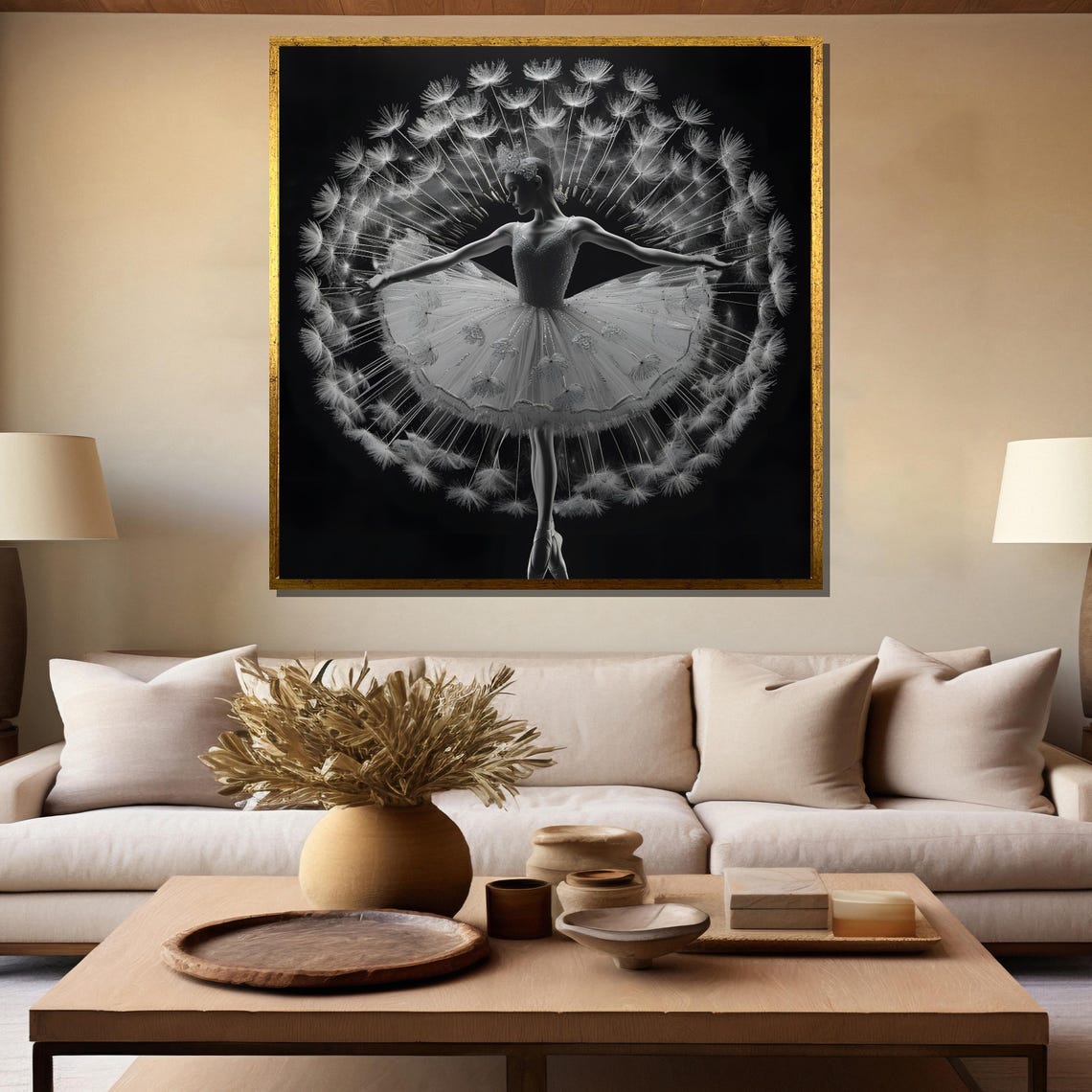 Ballerina Dandelion Fusion Black and White Whimsical Art Poster - Image 5