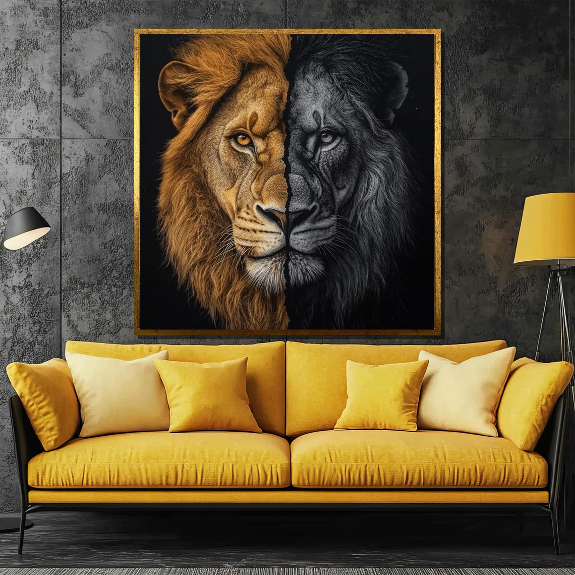 Lion Face Split Half Color Half Black and White Duality Poster