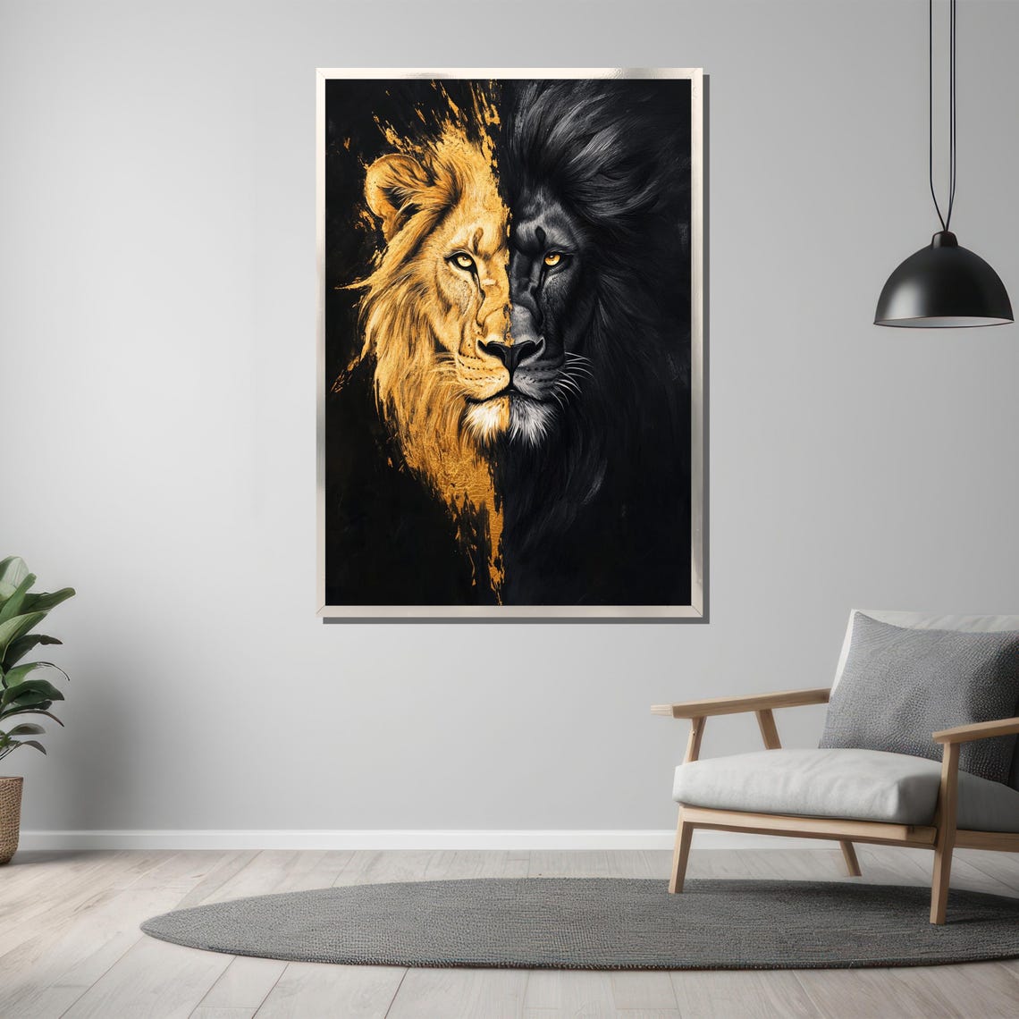 Lion Duality Gold and Black Split Face Dramatic Artwork Poster - Image 3