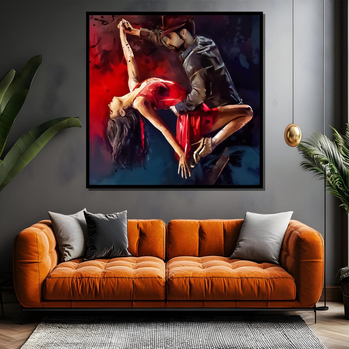Dramatic Salsa Dip in Red Dress Moody Dark Night Oil Art Poster - Image 4