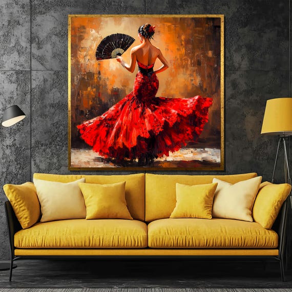 Elegant Flamenco Dancer Painting Bold Red Dress Wall Art Gift For Dance Enthusiasts And Sophisticated Home Decor