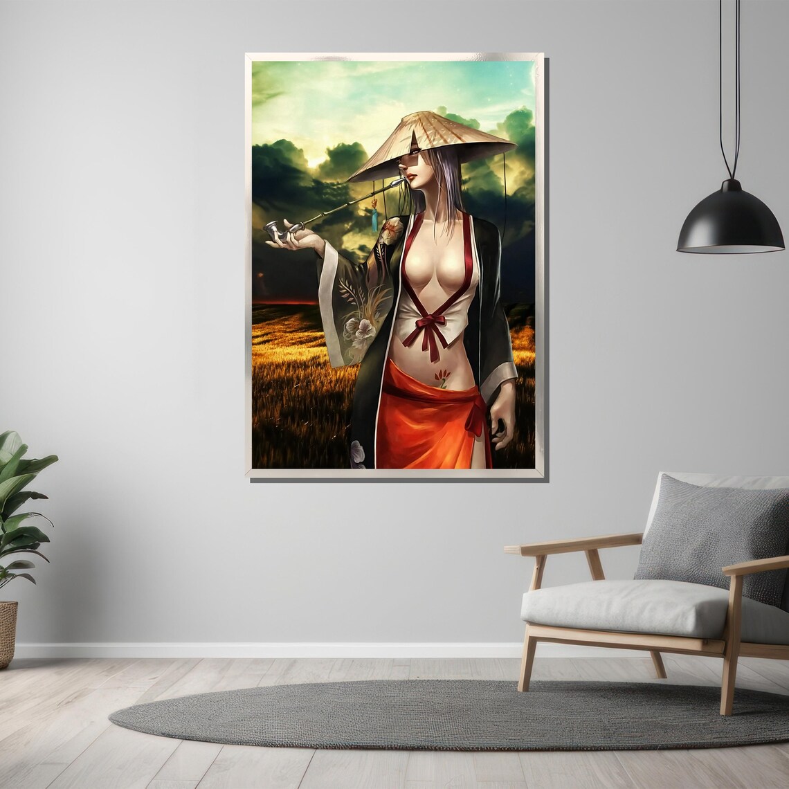 Anime Woman With Conical Straw Hat In Sunset Field Art Poster - Image 3