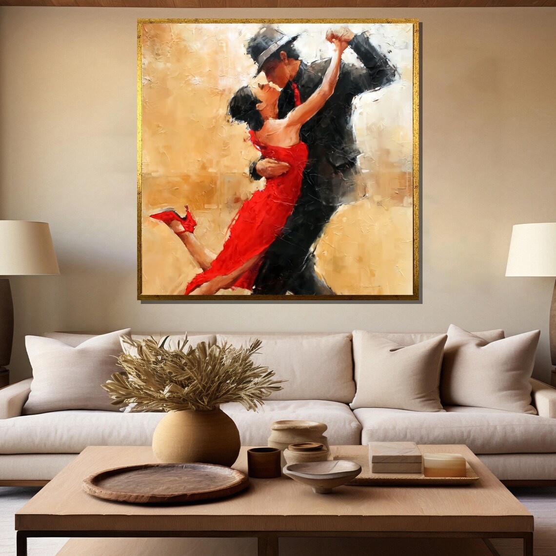 Passionate Tango Couple Red Dress Golden Glow Oil Art Poster - Image 5