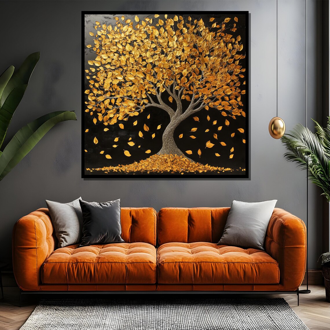 Golden Autumn Tree With Falling Leaves On Black Night Poster - Image 4
