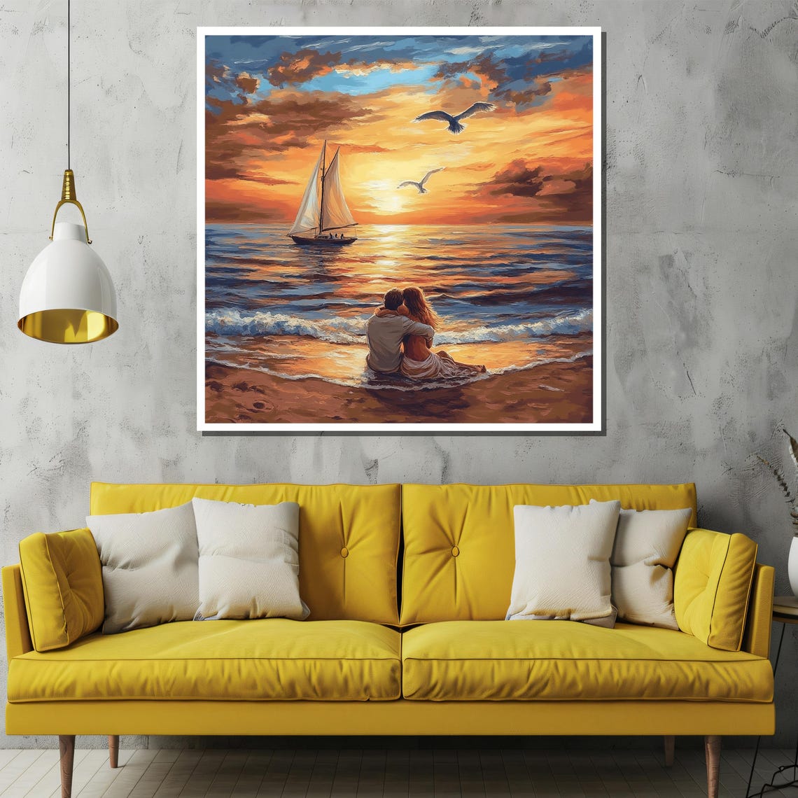 Romantic Beach Sunset Couple Embracing By Sailboat Ocean Poster - Image 2