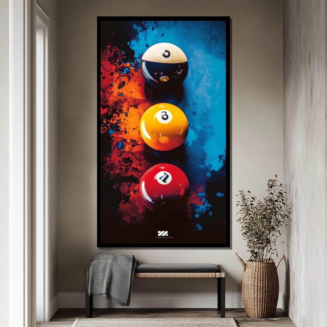 Neon Nights Three Colorful Billiard Balls on Splattered Art Poster - Image 4
