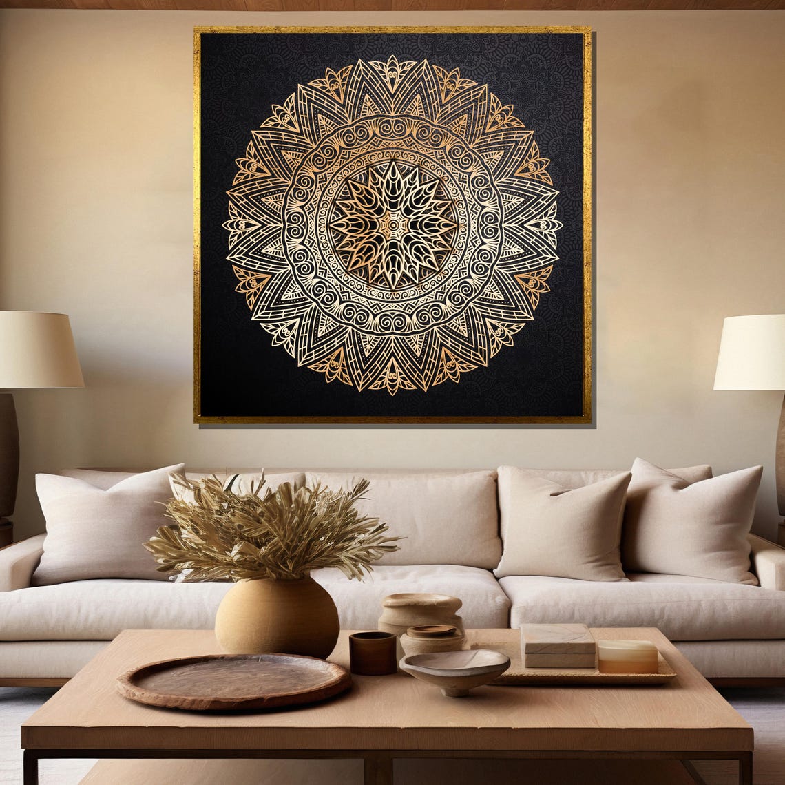 Intricate Gold Mandala on Black Geometric Spiritual Art Poster