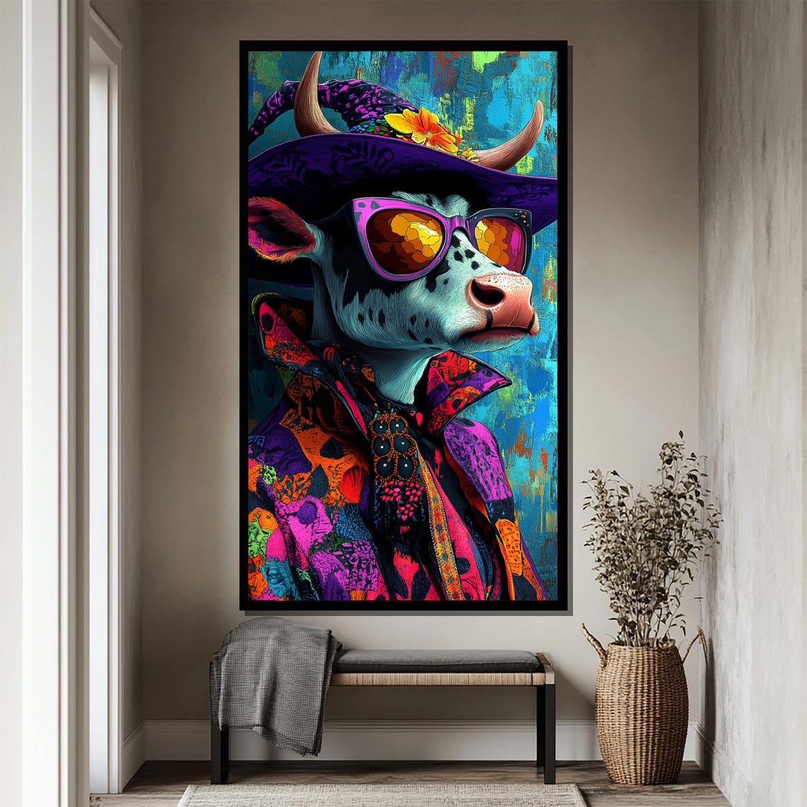 Disco Diva Funky Highland Cow in Sunglasses and Floral Hat Poster - Image 4