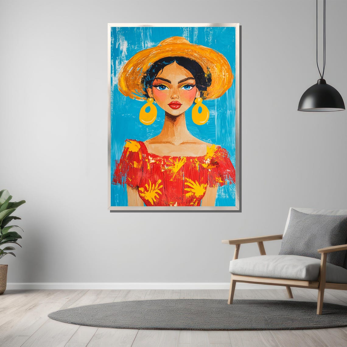 Colorful Summer Woman Portrait Straw Sun Hat Bright Blue Poster - Image 3