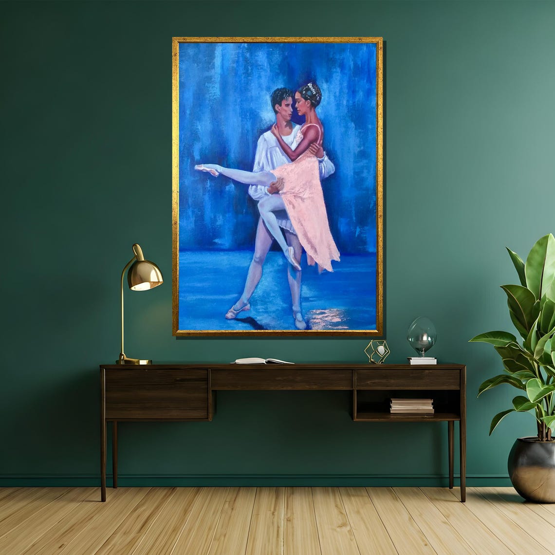 Elegant Ballet Dancers Lift On Blue Stage Romantic Painting Poster - Image 5